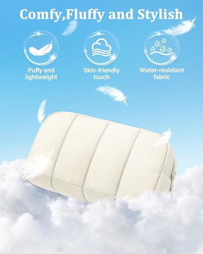 oscaurt 2 Pcs Makeup Bag Travel Toiletry Bag for Women Puffy Padded Cosmetic Pouch Purse Wide-open Makeup Organizer Case Travel Essentials - color: Beige-Set