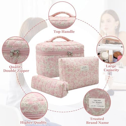 Gosect 3pc Makeup Bag Set, Quilted Makeup Bag Set, Large Floral Cosmetic Bag for Women, Cute Cotton Makeup Bags, Flower Travel Toiletry Organizer Bag (Pink Crushed flower) - color: Pink Crushed Flower