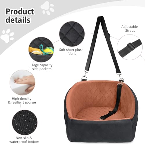 NEEZUKAR Dog Car Seat for Small Medium Dogs,Detachable Washable Dog Booster Seat Under 30lbs, Pet Car Seats Travel Bed with Storage Pockets and Safety Belt(Black/Z) - color: Black/red brown