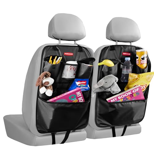 Rubbermaid Backseat Car Organizer, Kick Mats and Seat Back Protector, Car Organizer for Kids with 6 Storage Pockets, Travel Essentials for SUV, Truck, Car - 2 packs Black