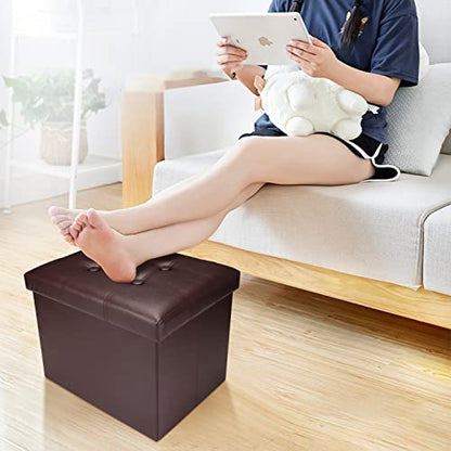 Bsketa 2PC Storage Ottoman, Folding Foot Stool with Thicker Foam Padded Seat Small Leather Storage Ottoman Bench Foot Rest for Living Room Foldable Coffee Table 17x13x13in,Brown - color: Brown-2pc