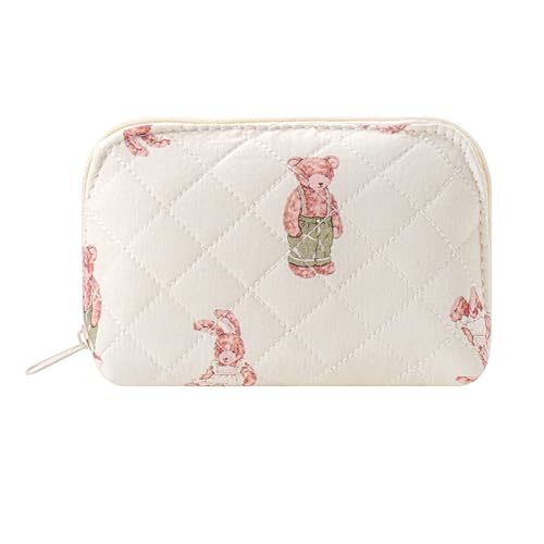 JOVAKIT Quilted Conch Shaped Makeup Bag Cosmetic Bag for Women, Floral Coquette Cotton Travel Makeup Case Toiletry Zipper Make Up Pouch, Travel Storage Organizer Stuff (Rabbit Bear) - color: Rabbit Bear
