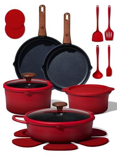 CAROTE 20Pcs Titanium Cookware Set, Pots and Pans Set Non Stick, Kitchen Cooking Set with Detachable Handle, Non Toxic Induction Cookware - Camping Cookware, Dishwasher/Oven Safe, Red - color: Gradient Red