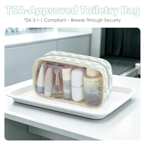 Fammart Clear Travel Makeup Bag for Women, TSA Approved Checkered Cosmetic Bag Make Up Car Organizer Case with Zipper, Large Waterproof Pouch Purse Toiletry Bag for Skincare, Brushes Travel Essentials - color: Clear, 2PCS - Green Checkered