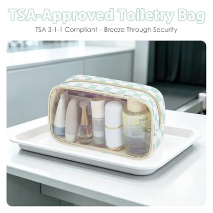 Fammart Clear Travel Makeup Bag for Women, TSA Approved Checkered Cosmetic Bag Make Up Car Organizer Case with Zipper, Large Waterproof Pouch Purse Toiletry Bag for Skincare, Brushes Travel Essentials - color: Clear, 2PCS - Green Checkered