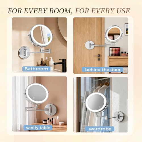 Rocollos Rechargeable Wall Mounted Lighted Makeup Mirror Chrome, 8 Inch Double-Sided LED Vanity Mirror 1X/10X Magnification,3 Color Lights Touch Screen Dimmable 360°Swivel 13 Inch Extendable - color: 8 Inch Chrome