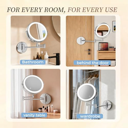 Rocollos Rechargeable Wall Mounted Lighted Makeup Mirror Chrome, 8 Inch Double-Sided LED Vanity Mirror 1X/10X Magnification,3 Color Lights Touch Screen Dimmable 360°Swivel 13 Inch Extendable - color: 8 Inch Chrome
