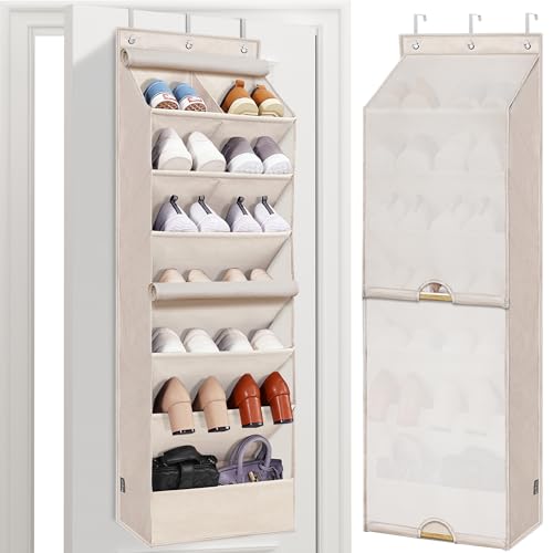 STORAGE MANIAC Over the Door Shoe Organizer with Curtain Dustproof Heavy-Duty Large Deep Pocket Hanging Shoe Organizer for Closet Dorm & Narrow Door Storage Shoe Holder Shoe Rack, 7-Shelf Beige 1 Pack - color: Beige, size: 7-Shelf