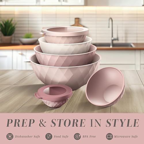 COOK WITH COLOR Mixing Bowls with Lids - 12 Piece Plastic Nesting Bowls Set includes 6 Prep Bowls and 6 Lids, Microwave Safe Mixing Bowl Set, Pink Diamond - color: Pink Diamond