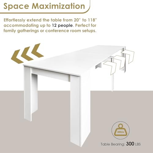 20"-118" White Extendable Dining Table for 2-12 People, Modern Modular Extension Table, Space-Saving Extra Long Folding Dining Table, Multifunctional Conference Meeting Table - color: White, style: 20" - 118.5" (2-12 People)