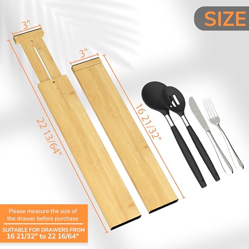 BAMEOS Bamboo Expandable Drawer Dividers – Fits 16.65"–22" Drawers, 3" Deep Walls, Set of 4 | Taller Spring-Loaded Separator Keeps Items Upright in Kitchen & Dresser Drawers - size: 3''H, 16.65''-22''L