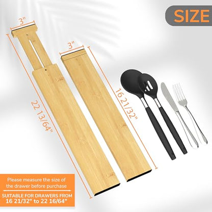 BAMEOS Bamboo Expandable Drawer Dividers – Fits 16.65"–22" Drawers, 3" Deep Walls, Set of 4 | Taller Spring-Loaded Separator Keeps Items Upright in Kitchen & Dresser Drawers - size: 3''H, 16.65''-22''L