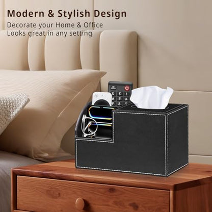 PU Leather Square Tissue Box Cover - Multi-Functional Tissue Box Holder, Tissue Box Cover with Storage,Tissue and Remote Control Holder, Cube Tissue Box Organizer Bedroom Nightstand End Table - color: Black