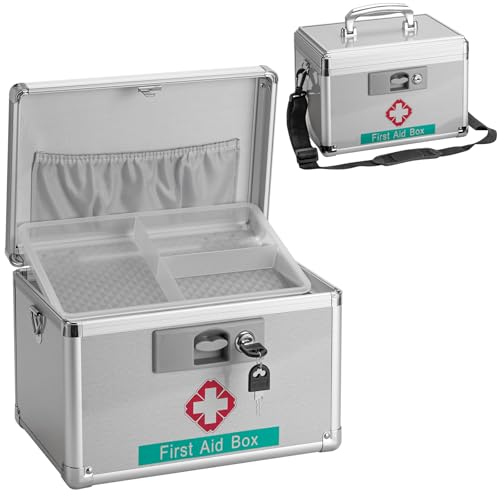 Medicine Storage Box with Key for Safe Medication - 13.4 x 7.6 x 8.2 Inches - Empty Lockable First Aid Box Organizer Container for Drugs for Home, Dorm, Office, Outdoor (Silver/Large) - color: Silver, size: Large