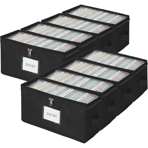 8 Pack Durable Fabric DVD Storage Box with Clear PVC Lid, Holds 25 Standard DVD Cases, Sturdy Non-Woven Fabric with Cardboard Support for Movie Collection, Black - color: Black, size: Standard-8 Pack