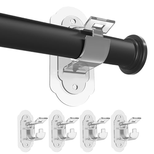 No Drill Curtain Rod Brackets， No Drill Needed Curtain Rod Holders, Adhesive Curtain Rod Holder，Multipurpose Nail Free Stick on Curtain Rod Hooks Self Adhesive Rod Holder Hooks（Clear 4Pcs） - color: Transparent - 4pcs
