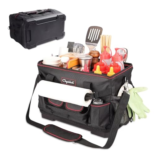 Chyaidach Large Grill Caddy with Hard Bottom and Paper Towel Holder, Picnic BBQ Condiment Utensil Organizer Caddy for Blackstone Griddle Accessories, Camping Essential, Outdoor Cooking, Tailgate, RV