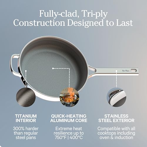 Our Place Titanium Always Pan Pro - 10.6” (2.8 Qt) No-Coating Nonstick Skillet | Tri-Ply Titanium & Stainless Steel | Safe for Oven, Induction & All Cooktops up to 750°F | Includes Spatula | Gold