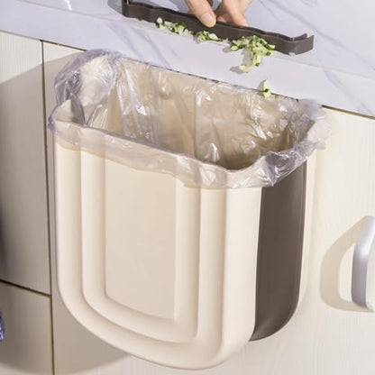 2 Pack Kitchen Hanging Trash Can, 2.4 Gallon / 9L Collapsible Waste Bin, Small Kitchen Compost Bin for Food Scraps, Wall Mounted Garbage Can for Bathroom, Car, RV（Khaki） - color: Khaki+Khaki