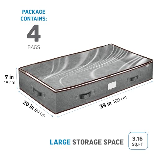 Under Bed Storage Bins - Pack Of 4 Under The Bed Storage Containers For Clothes, Blankets, Winter Clothing, & Shoes - Underbed Storage Containers With Handles, Dual Zippers, & Clear Top