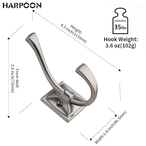 HARPOON 5 Pcs Prong Hook, Heavy Duty Two Flared Coat Hooks,Wall Mounted with 4 Screws,Utility Hooks for Scarf, Bag, Towel, Key, Cap, Cup, Hat - Satin Nickel - color: Satin Nickel