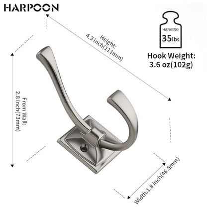 HARPOON 5 Pcs Prong Hook, Heavy Duty Two Flared Coat Hooks,Wall Mounted with 4 Screws,Utility Hooks for Scarf, Bag, Towel, Key, Cap, Cup, Hat - Satin Nickel - color: Satin Nickel