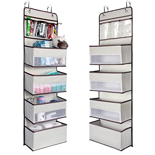 NesTidy 2 Pack Over The Door Organizer Storage, Wall Mount Hanging Organizer with 4 Large Capacity Pocket Organizers and 3 Small Pockets for Baby Essentials, Toys, Cosmetics, and Sundries (Beige) - color: Beige, size: 5 Layer-2 Pack
