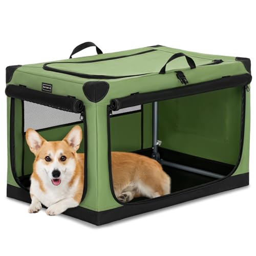 PETSFIT 30" Soft Portable Dog Crate – Patented Spiral Sturdy Frame, Collapsible Travel Kennel for Medium Dogs, 3 Mesh Door, Lockable Zippers, Indoor & Car Use Green - color: Green, size: 30.0"L x 20.0"W x 19.0"H