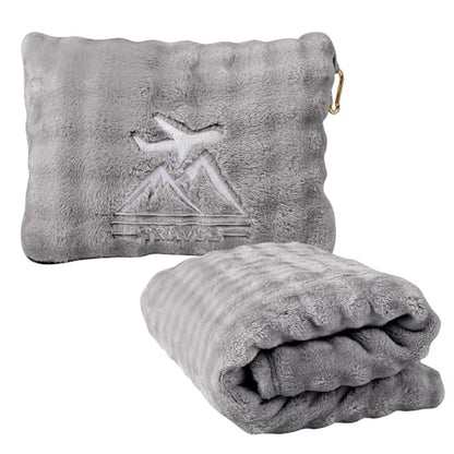 Travel Blanket and Pillow-2-in-1, Ultra-Soft&Compact, One-Piece Airplane Blanket with Hand Luggage Belt and Backpack Clip,Travelers Accessories Gifts, 61x43 Inches (Gray) - color: Gray