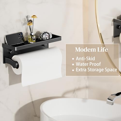 Black Paper Towel Holder with Shelf, Wall Mount Paper Towel Holder for Bathroom Kitchen, Hand Towel Rack Holder,Paper Roll Holder with Self Adhesive & Screw,RV - color: Black Pro