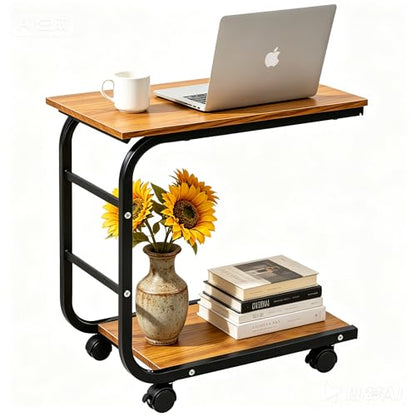 BROWN-BROWN Movable Night Stand Side Table Tray Cart 4 Wheels Wood Office Home Desk Shelf Organizer Rustic Brown Mini
