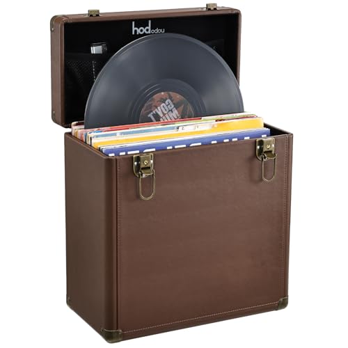 Hododou Vinyl Record Storage Box with Lock Record Organizer Storage for 30+ Single Records 12-inch Water Resistant Collapsible Storage Crate with Lid Handle Mesh Pouch for Valuable Album Collection - color: Brown