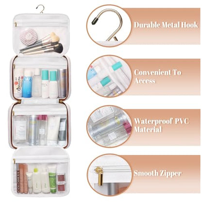 Bosidu Hanging Travel Toiletry Bag,Large Capacity Cosmetic Travel Toiletry Organizer for Women with 4 Compartments & 1 Sturdy Hook,Perfect for Travel/Daily Use/Christmas - color: P-Beige