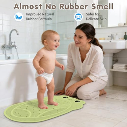 Upgraded Kids Bathtub Mat Non Slip, Low-Odor Natural Rubber Bath Mat with Strong 18mm Suction Cups, Flat Non-Slip Surface, 30"x18" Cute Frog Design, Shower Mat Fast Draining for Smooth Tubs, Green - color: Green