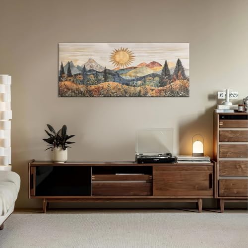 Boho Mountain Canvas Wall Art Wildflower Mountain Landscape Wall Decor Woodland Sunrise Poster Bohemian Forest Sunset Prints Painting Picture for Living Room Bedroom Office Ready to Hang 12x24in - size: 12"L x 24"W