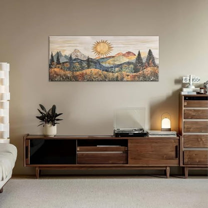 Boho Mountain Canvas Wall Art Wildflower Mountain Landscape Wall Decor Woodland Sunrise Poster Bohemian Forest Sunset Prints Painting Picture for Living Room Bedroom Office Ready to Hang 12x24in - size: 12"L x 24"W