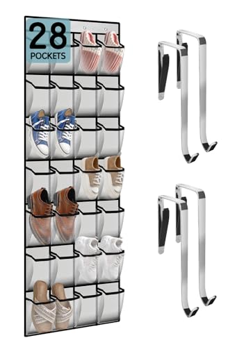 Kotkn 28 Compartment Over the Door Shoe Organizer, Breathable Mesh Large Shoe Rack for Closet Storage, Space Saving Hanging Shoe Holder with Reinforced Hooks (Fits Men & Women,White-01) - color: White-01