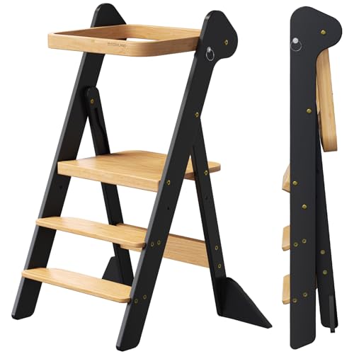 COSYLAND Foldi Foldable Toddler Kitchen Stool - Adjustable Height Toddler Standing Tower with Net & Safety Feet, IF Award-Winning Wooden Learning Step Tower for Kids 18M-6Y, Black & Natural - color: Black & Natural