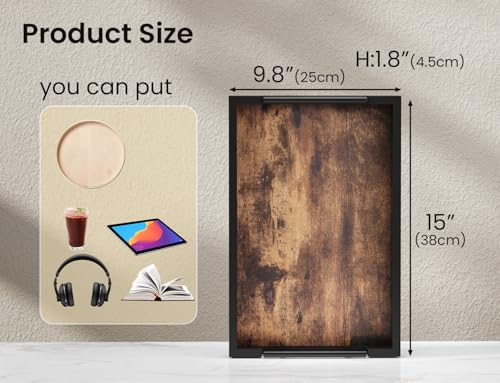 Fibogollo Wooden Serving Tray with Metal Handles,15x9.8in Ottoman Decorative Trays Platter for Coffee Table,Living Room,Bar,Party,Medium - size: 15" x 9.8" x 1.8"