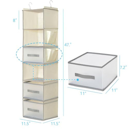 6-Tier Hanging Closet Organizer with 3Drawers and Side Pockets-Multi-FunctionalStorage for Shoes, Belts, Purses, and Clothing - color: 6-shelf -Beige