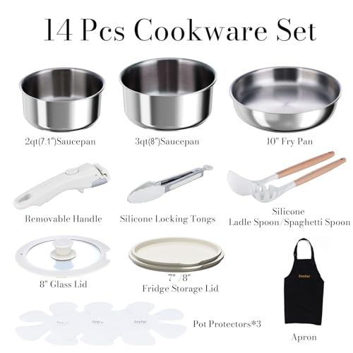 14 pcs Stainless Steel Cookware Set, Detachable Pots and Pans Set with Removable Handle, Non Toxic Space Saving RV Camping Cookware Set, Induction Cookware, Dishwasher & Oven Safe - size: 14 Pcs Sliver