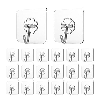 Adove Adhesive Hooks for Hanging, Heavy Duty Wall Hooks 20 Pack, Removable Sticky Ceiling Hooks, Transparent Self Adhesive Shower Hooks, Water & Oil Proof Strong 22lb(Max) Door Coat Hooks