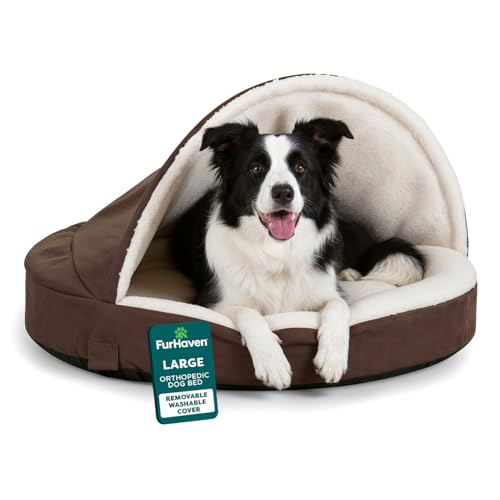 Furhaven 35" Round Orthopedic Dog Bed for Large/Medium Dogs w/ Removable Washable Cover, For Dogs Up to 50 lbs - Sherpa & Suede Snuggery - Espresso, 35-inch - color: Espresso, size: Large