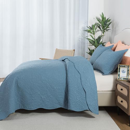 HoneiLife Queen Quilt Bedding Sets - Lightweight Bedspreads 3-Piece, Microfiber Quilt Sets Reversible Coverlets Rustic Bed Cover Damask Pattern Bedding Sets All Season Use - color: Dusty Blue, size: Queen/Full-90"x96"