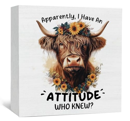 Highland Cow Sign, Farm Cottagecore Animal Office Kitchen Bedroom Decor, Apparently I Have an Attitude Who Knew Wooden Box Signs, Apparently Highland Cow Gifts for Women Men 5x5 in - color: highland cow attitude, size: 5x5 in