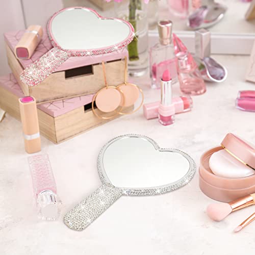 Tatuo 2 Pcs Large Rhinestone Handheld Mirror Heart Shaped Bling Glitter Portable Cosmetic Hand Mirror with Handle for Women Make up Brush Lash(Pink and White)