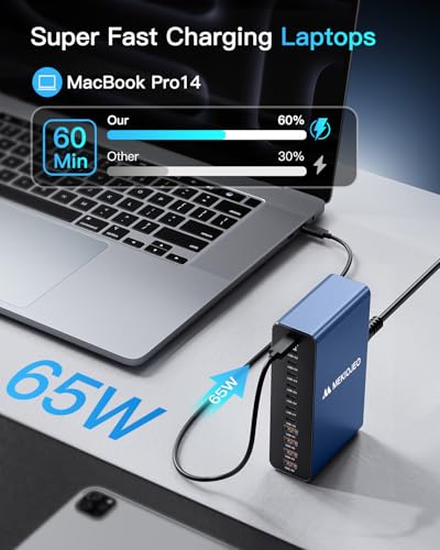 MEKIOJEO 12 Ports Aluminum Alloy 380W Charging Station Fast USB C Charger Block 65W Laptop GaN Charger for MacBook Pro/Air/iPad Pro/iPhone (Blue) - color: Blue