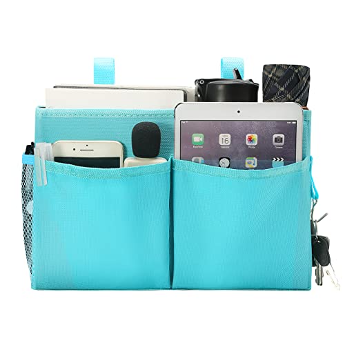 Bseash Bunk Bed Organizer, Bedside Caddy Hanging Bed Organizer Storage Bag with 4 Pockets and 2 Hooks, for College Dorm Rooms Bed, Hospital Bed, Baby Bed Rails, 600D Oxford Cloth (Light Blue) - color: Light Blue, size: Small