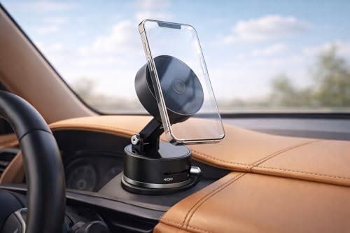 Magnetic Car Phone Holder Mount, Vacuum Suction Cup Phone Mount for Dashboard Windshield, 360 Rotatable MagSafe Car Mount for iPhone, Hands-Free GPS Navigation for Drivers, Office Desk