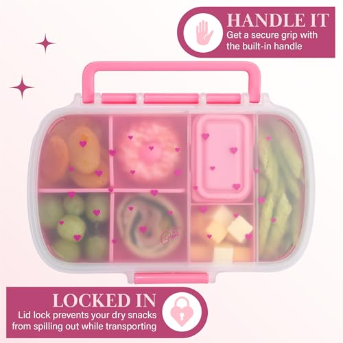 Paris Hilton 2-Pack Bento Style Snack Boxes, 7-Compartment Lunch Containers with Built-In Phone Stand, Removable Dividers and Dip Containers, Pink Heart Print - color: Pink Heart Print